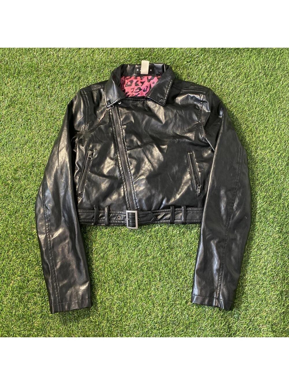 Vintage Y2K Abbey Dawn Black leather jacket with pink leopard print lining